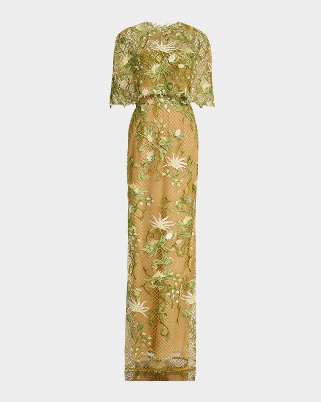 Floral-Embroidered Capelet Column Gown